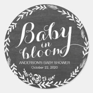 Sticker Rond Baby shower bébé en Fleur Cadre Floral Chalkboard