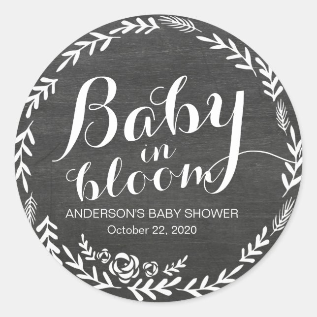 Sticker Rond Baby shower bébé en Fleur Cadre Floral Chalkboard (Devant)
