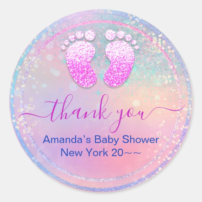 Sticker Rond Baby shower bébé fille Holographique Pieds rose (Devant)