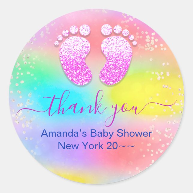 Sticker Rond Baby shower bébé fille Holographique Unicorn pieds (Devant)