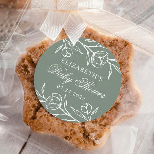 Sticker Rond Baby-Shower Bébé Fleurs Esquisées Vert Sauge