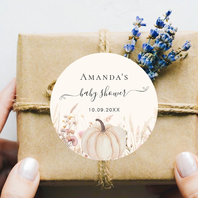 Sticker Rond baby shower beige fleur sauvage citrouille (Créateur téléchargé)