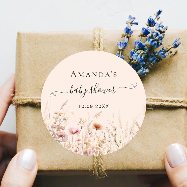 Sticker Rond baby shower beige rose pêche fleur sauvage (Créateur téléchargé)