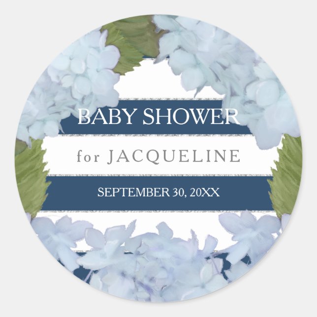 Sticker Rond Baby shower blanc à rayures bleu marine Hydrangea  (Devant)