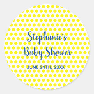 Sticker Rond Baby shower blanc bleu Pois jaune mignon