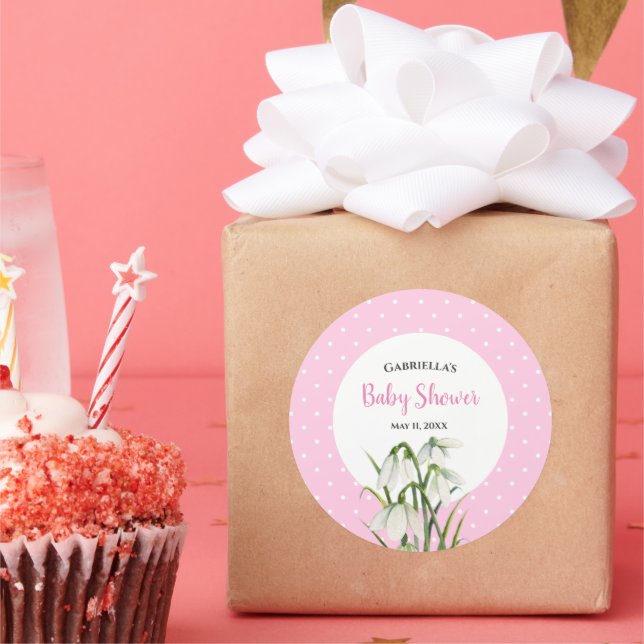 Sticker Rond Baby shower Blanche neige gouttes Pois roses (Fête)
