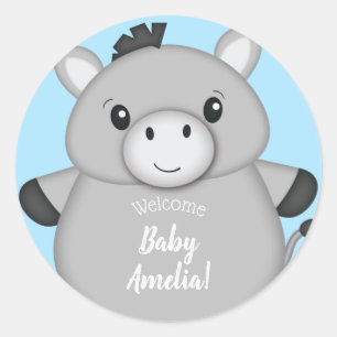 Sticker Rond Baby shower bleu âne