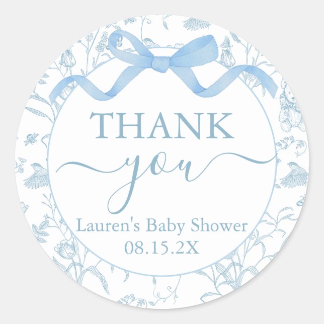 Sticker Rond Baby shower bleu Bow garçon (Devant)