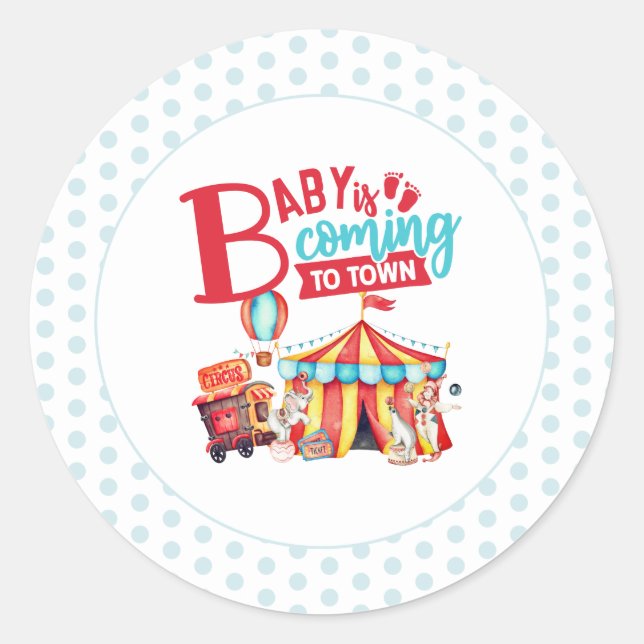 Sticker Rond Baby shower bleu Carnival Circus (Devant)