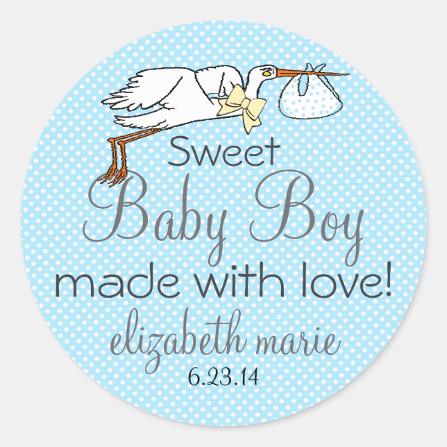 Sticker Rond Baby shower bleu cigogne Favoriser (Devant)