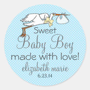 Sticker Rond Baby shower bleu cigogne Favoriser