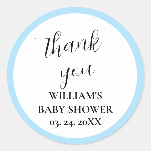 Sticker Rond Baby shower bleu clair et blanc personnalisé (Devant)