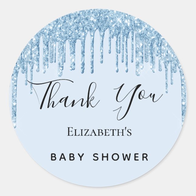 Sticker Rond Baby shower bleu clair parties scintillant Merci (Devant)