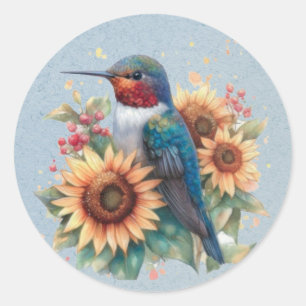 Sticker Rond Baby shower bleu colibri et tournesol