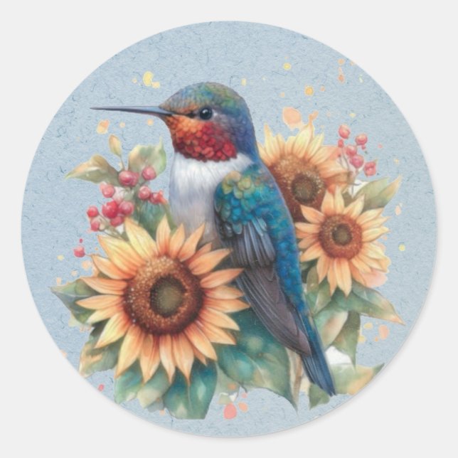 Sticker Rond Baby shower bleu colibri et tournesol (Devant)