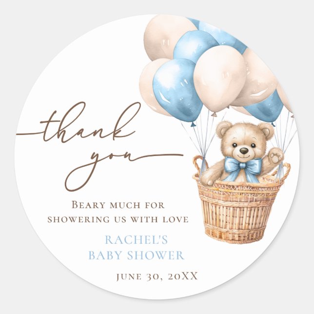 Sticker Rond Baby shower bleu d'attente d'ours en peluche (Devant)