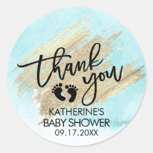 Sticker Rond Baby shower bleu de course de brosse d'or
