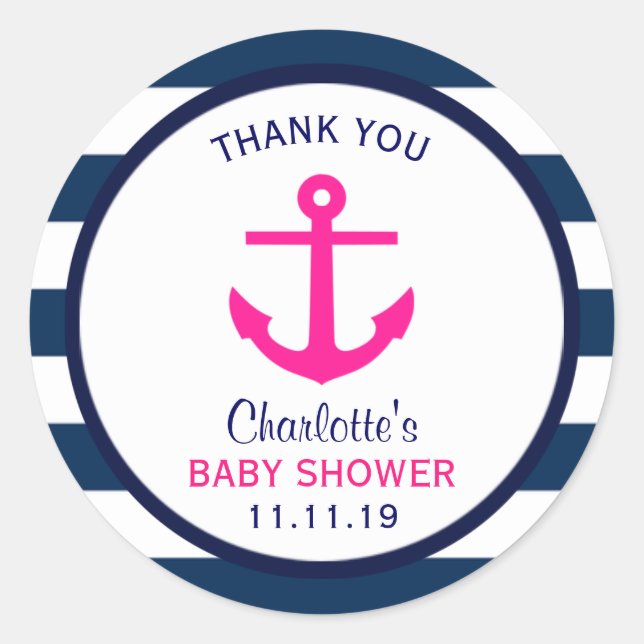 Sticker Rond Baby shower bleu de la marine rose chaude de la FI (Devant)