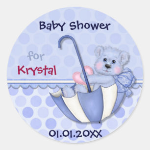 Sticker Rond Baby shower bleu de point de polka d'ours de