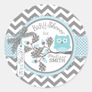 Sticker Rond Baby shower bleu d'impression de Chevron de hibou