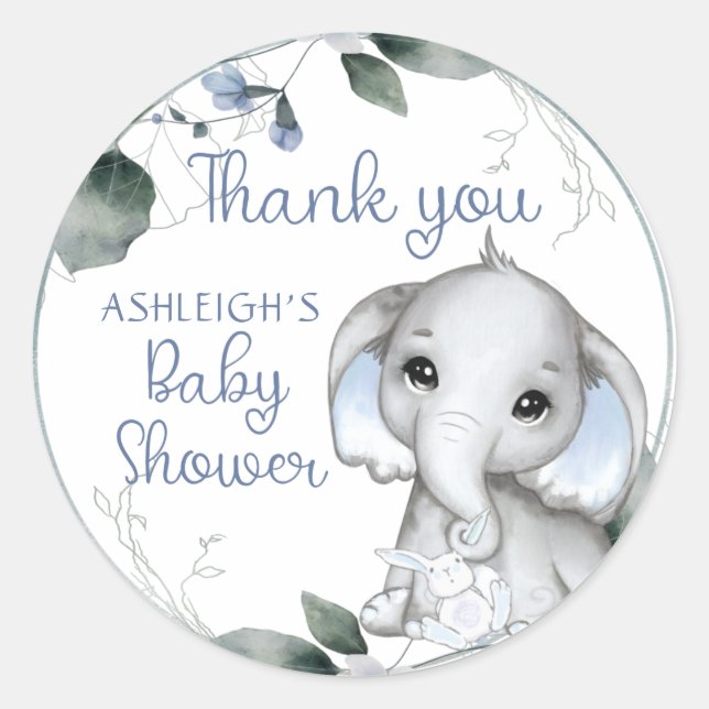 Sticker Rond Baby shower Bleu Eléphant Aquarelle Merci (Devant)