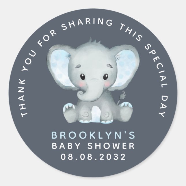 Sticker Rond Baby shower bleu éléphant Merci classique rond (Devant)