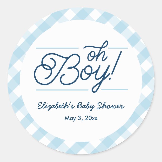 Sticker Rond Baby shower bleu En vichy "Oh Boy" (Devant)