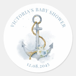 Sticker Rond Baby shower bleu et blanc à thème floral et ancre 