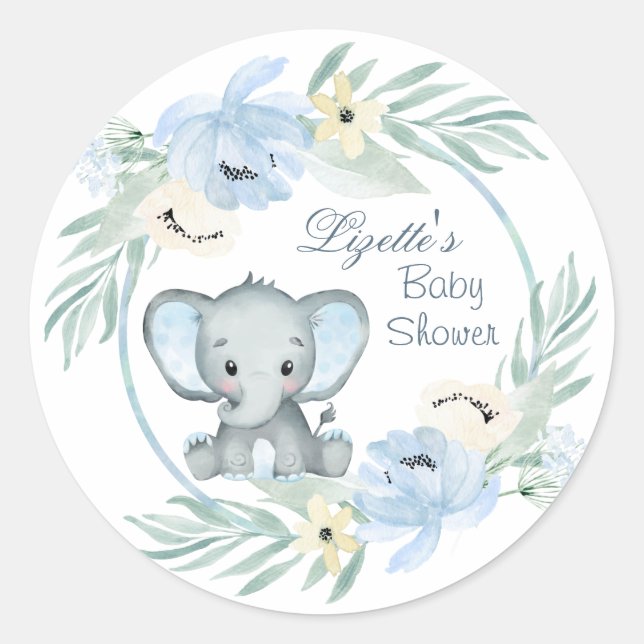 Sticker Rond Baby shower bleu floral Eléphant (Devant)