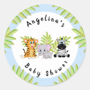 Sticker Rond Baby shower bleu garçon Safari Jungle Animaux