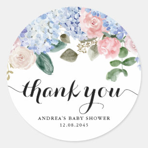 Sticker Rond Baby shower bleu Hydrangea et rose rose Merci
