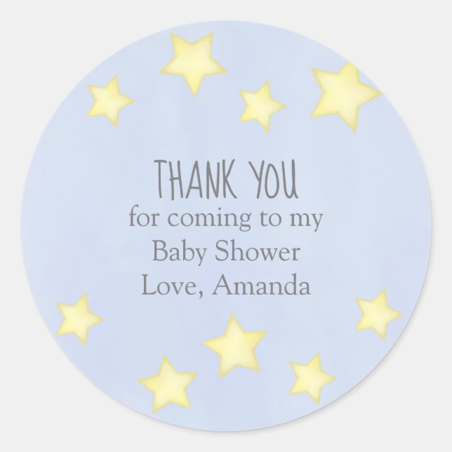 Sticker Rond Baby shower bleu Merci Jaune Étoiles Simple (Devant)