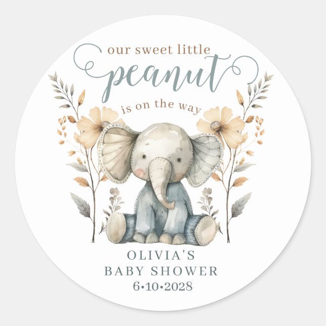 Sticker Rond Baby shower bleu petit arachide éléphant (Devant)