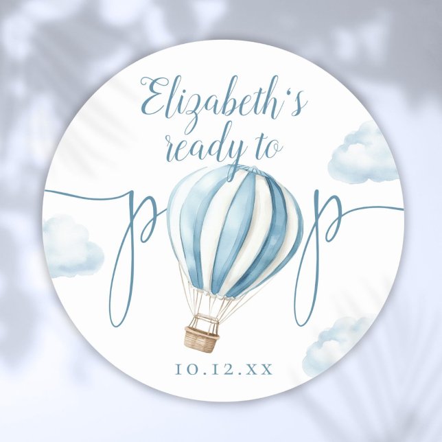 Sticker Rond Baby-Shower Bleu Prêt à éclater (Ready To Pop Blue Balloon Baby Shower Classic Round Sticker)