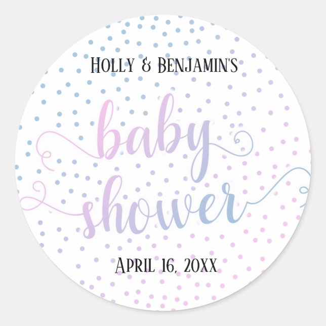 Sticker Rond Baby shower bleu rose Confetti, Noms et Date (Devant)
