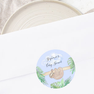 Sticker Rond Baby shower bleu Sloth