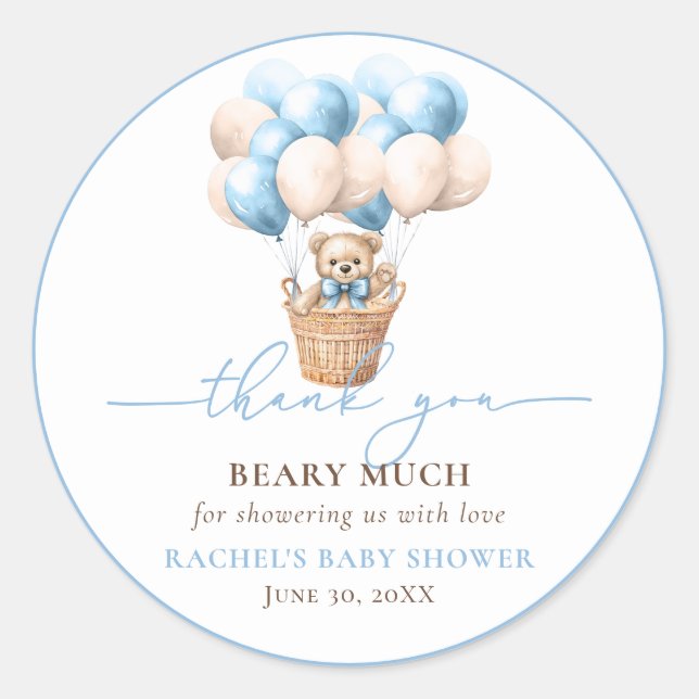 Sticker Rond Baby shower bleu Teddy Bear Balloon bleu Merci (Devant)