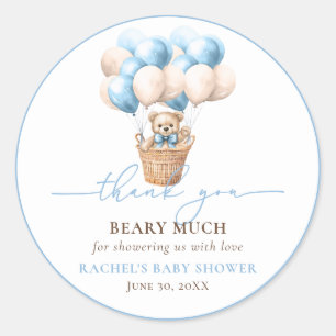 Sticker Rond Baby shower bleu Teddy Bear Balloon bleu Merci