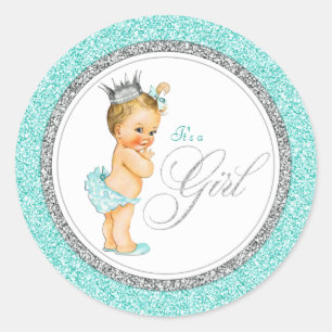 Sticker Rond Baby Shower Bleu Turquoise Argent