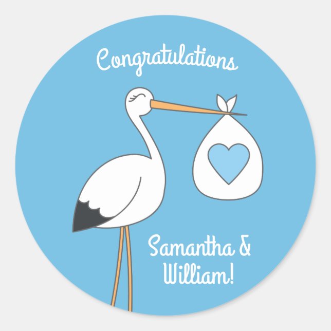 Sticker Rond Baby shower Blue Boy Stork (Devant)