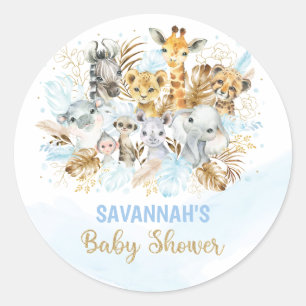 Sticker Rond Baby shower Blue Gold Tropical Boho Safari Animaux