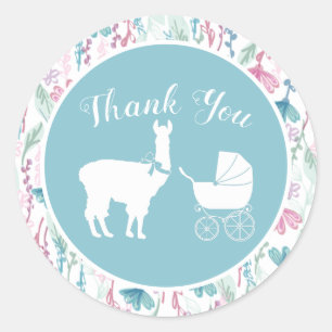 Sticker Rond Baby shower Blue Llama Boy