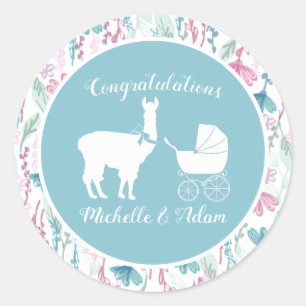 Sticker Rond Baby shower Blue Llama Boy