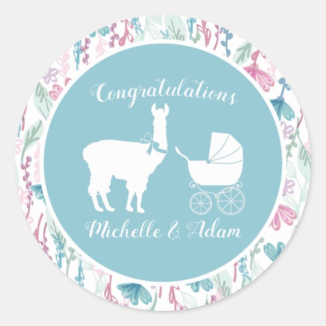 Sticker Rond Baby shower Blue Llama Boy (Devant)