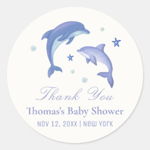 Sticker Rond Baby shower Blue Modern Summer Dolphin Stars