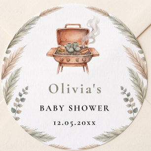 Sticker Rond Baby Shower Bohème Grill BBQ à Herbe de Pampa