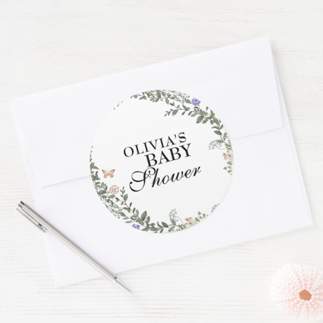 Sticker Rond Baby-shower bohème vert tendre et fleurs genre neu (Enveloppe)