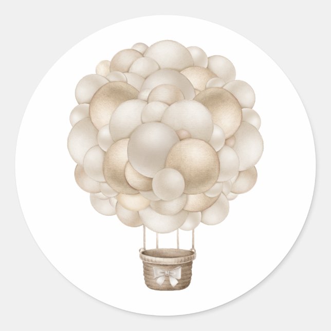 Sticker Rond Baby shower Boho Beige Hot Air Balloon (Devant)