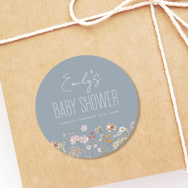 Sticker Rond Baby shower Boho Dusty Blue Fleur sauvage En Fleur (Créateur téléchargé)