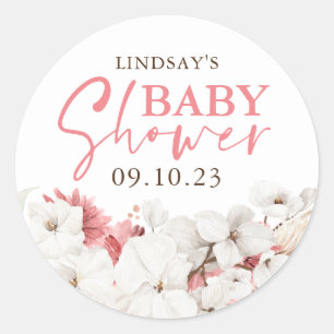 Sticker Rond Baby shower Boho rose et blanc